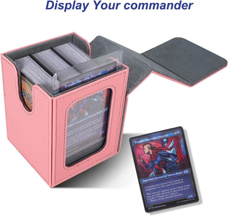 AFIING MTG Deck Box for Commander Display,Card Deck Box Fits 100 Double Sleeved Cards, Magic Commander TCG Card Storage Box with 2 Dividers,Drawstring Bag and 1 Toploader(Pink/grey) - Image 2